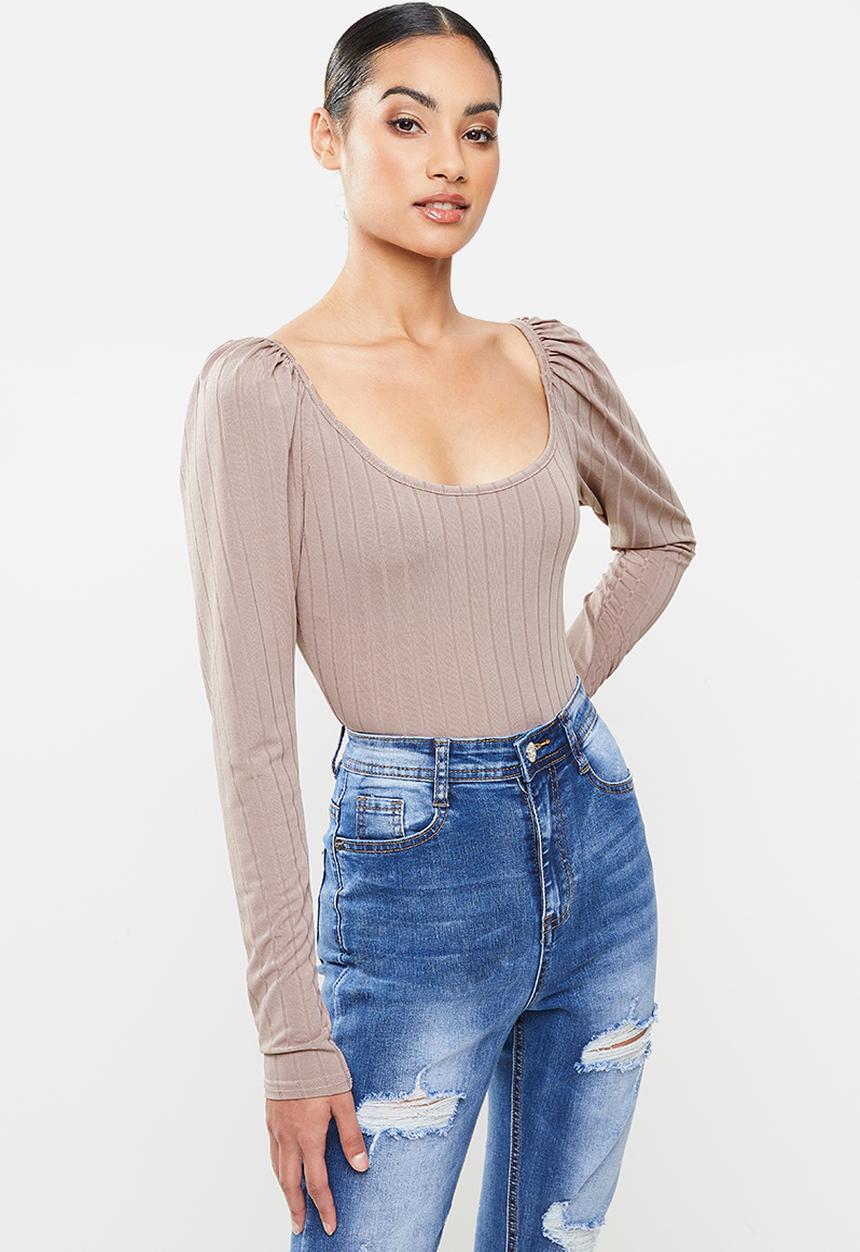Missguided - Petite puff sleeve scoop neck bodysuit - mauve