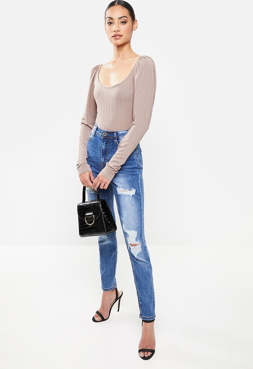 Missguided - Petite puff sleeve scoop neck bodysuit - mauve