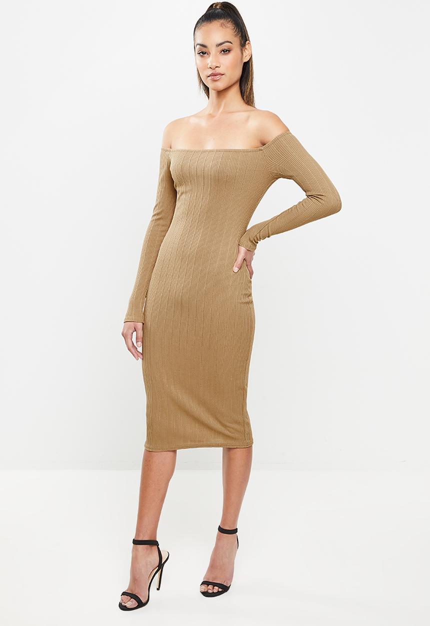 Missguided - Petite texture rib bodycon midi dress - brown