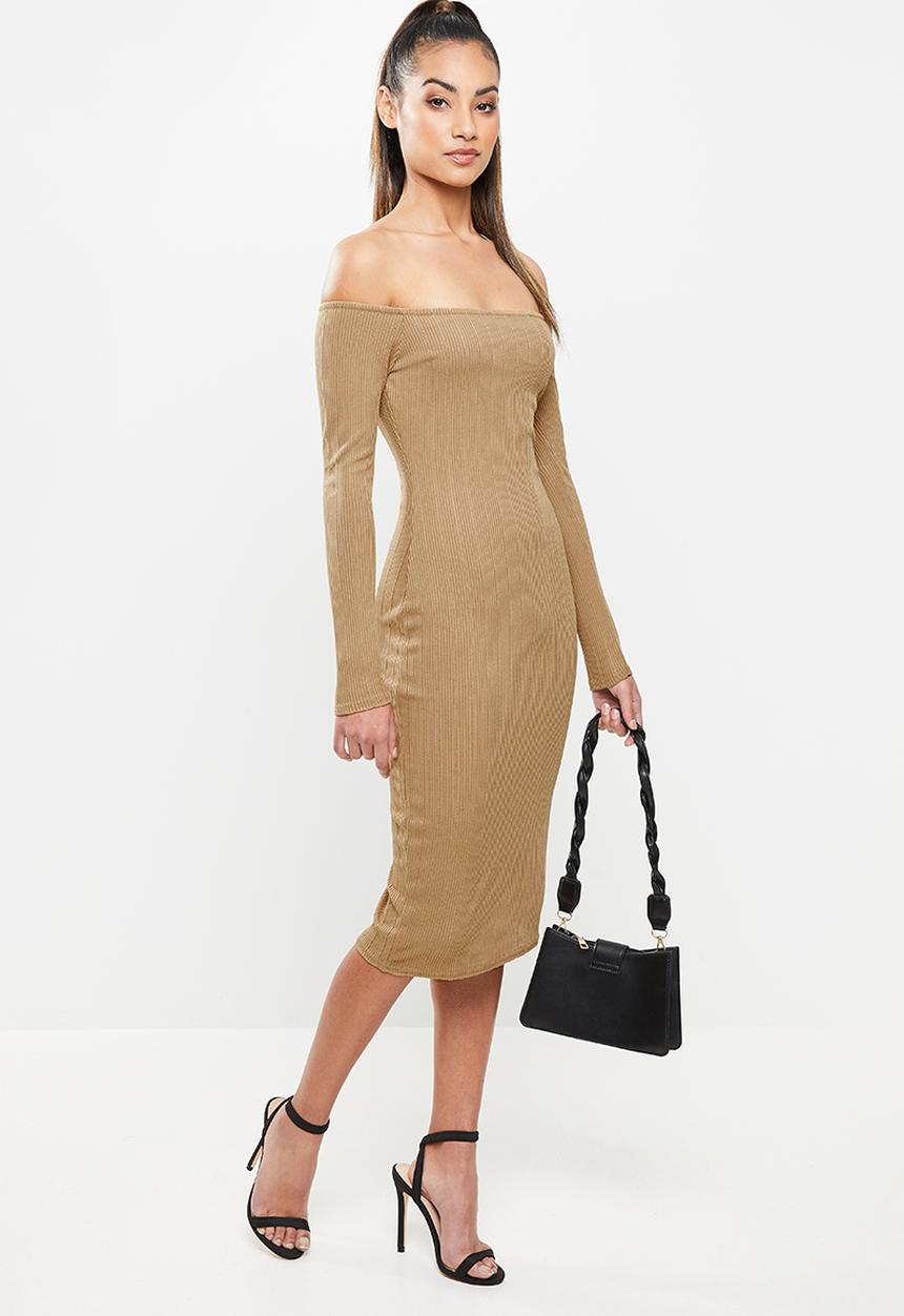 Missguided - Petite texture rib bodycon midi dress - brown