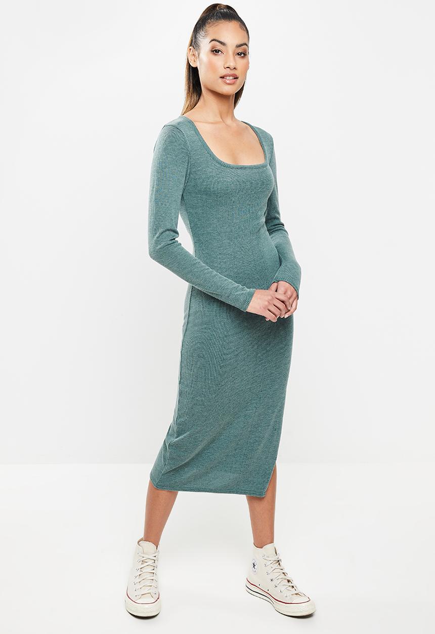 Missguided - Petite square neck split rib midi dress - green
