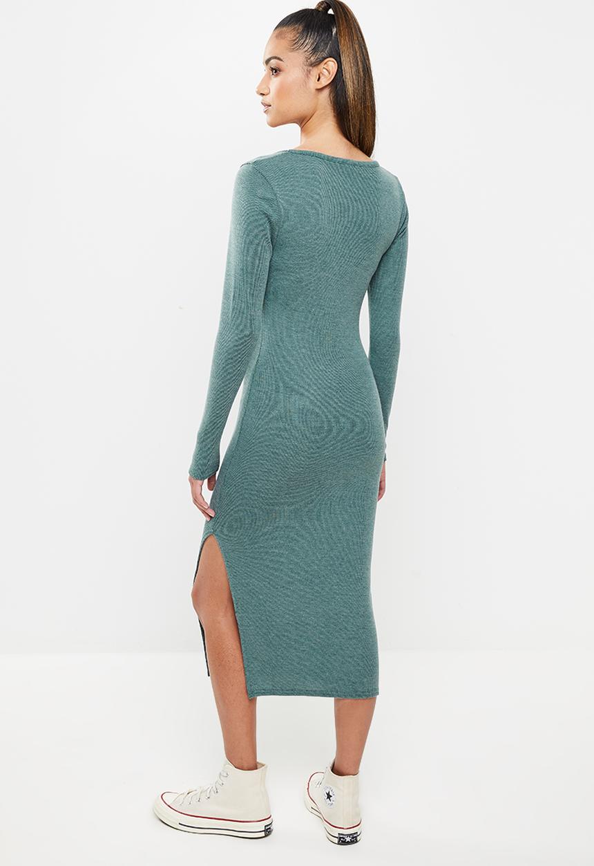Missguided - Petite square neck split rib midi dress - green