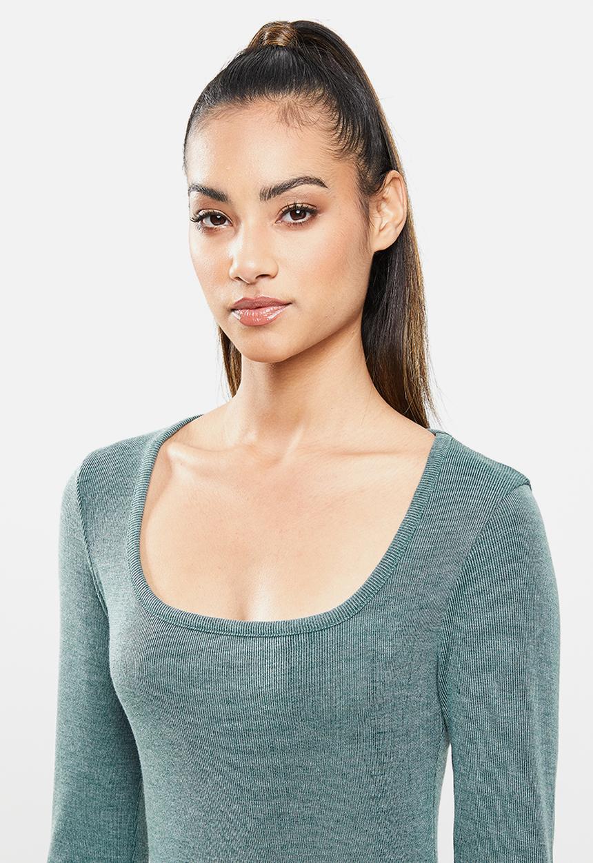 Missguided - Petite square neck split rib midi dress - green