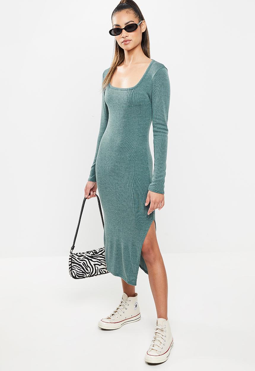 Missguided - Petite square neck split rib midi dress - green