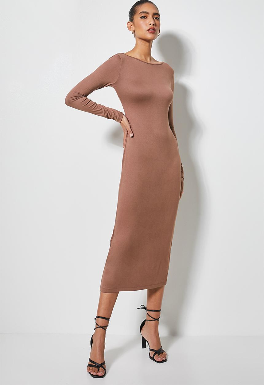 VELVET - Cut out back column midi dress - cognac