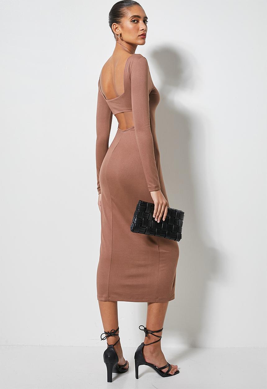 VELVET - Cut out back column midi dress - cognac