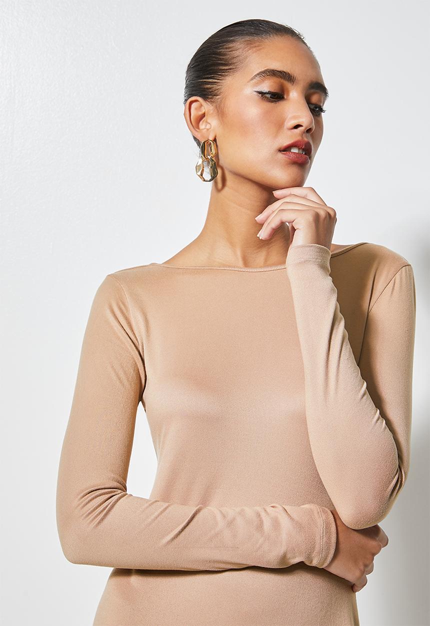 VELVET - Cut out back column midi dress - beige