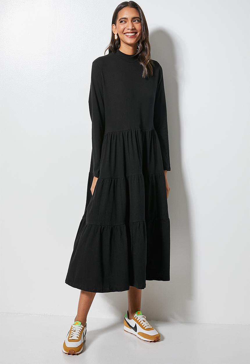 Superbalist - Ribbed funnel neck tiered dress - black