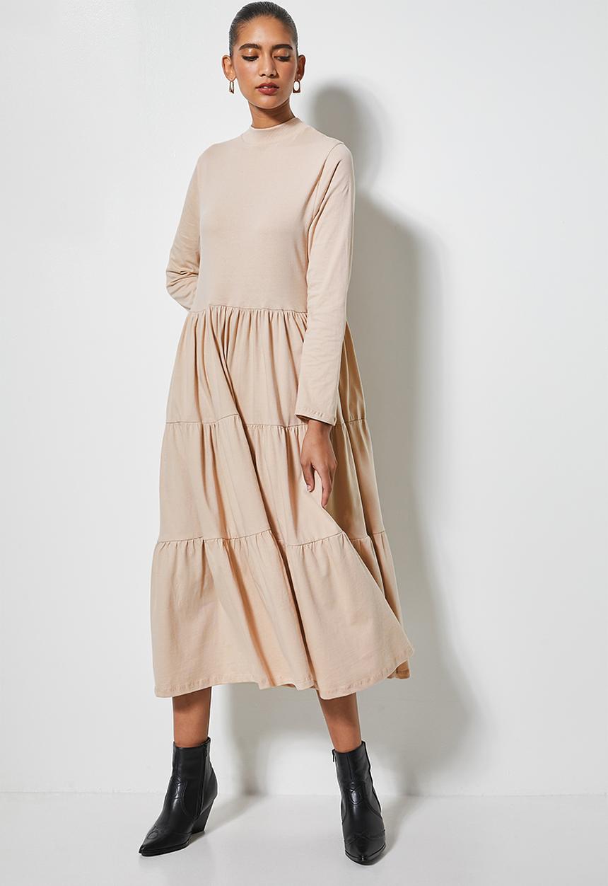 Superbalist - Ribbed funnel neck tiered dress - stone