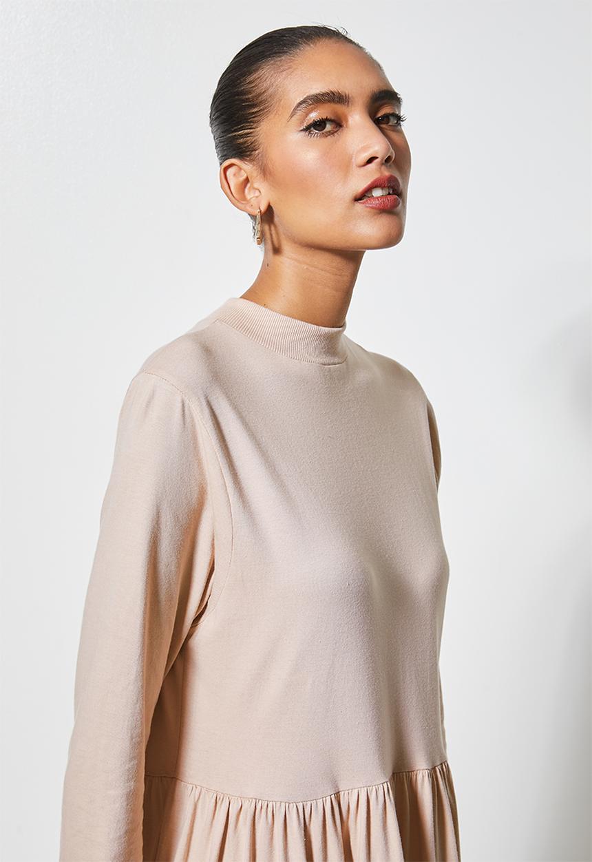 Superbalist - Ribbed funnel neck tiered dress - stone