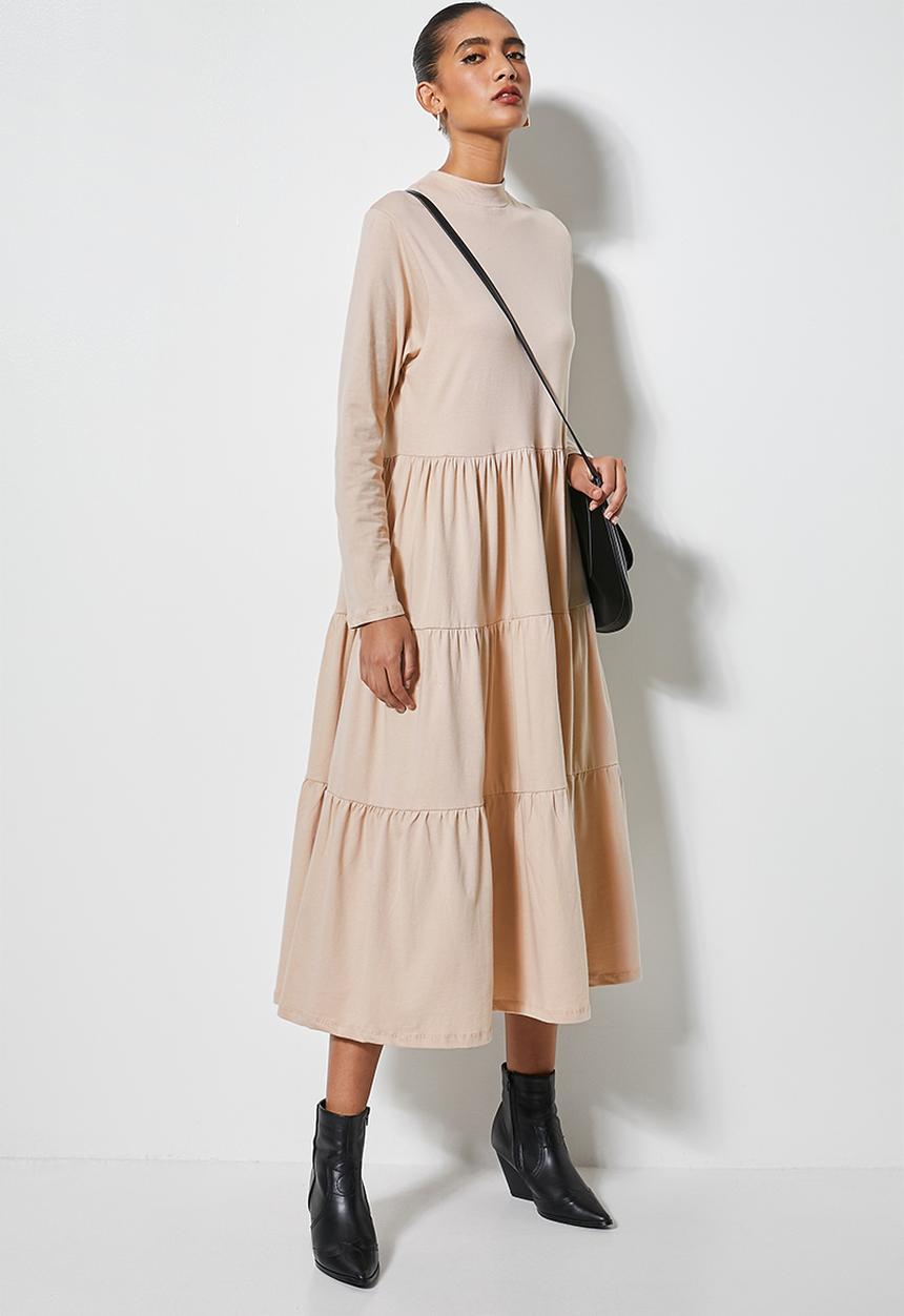 Superbalist - Ribbed funnel neck tiered dress - stone