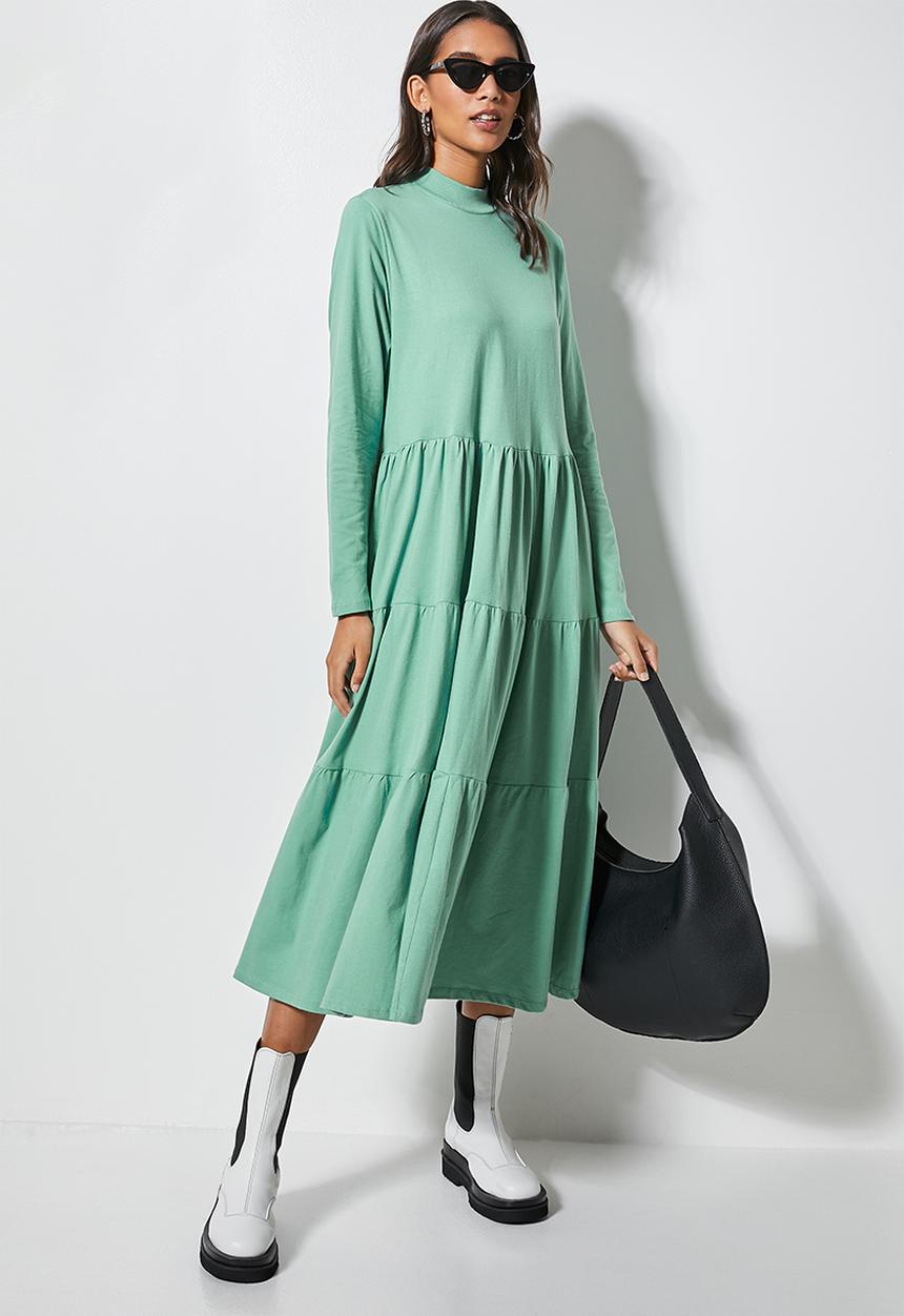 Superbalist - Ribbed funnel neck tiered dress - deep sage