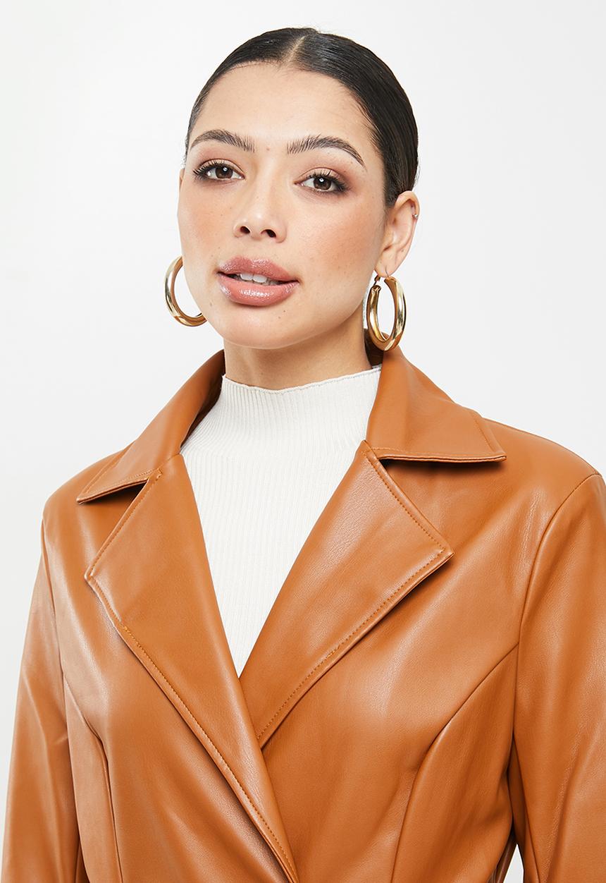 Missguided - Db belted pu trench -tan