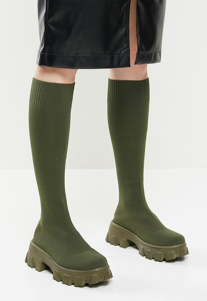 Public Desire - Future knit chunky sole knee high boot - khaki