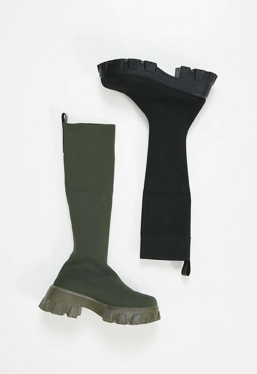 Public Desire - Future knit chunky sole knee high boot - khaki