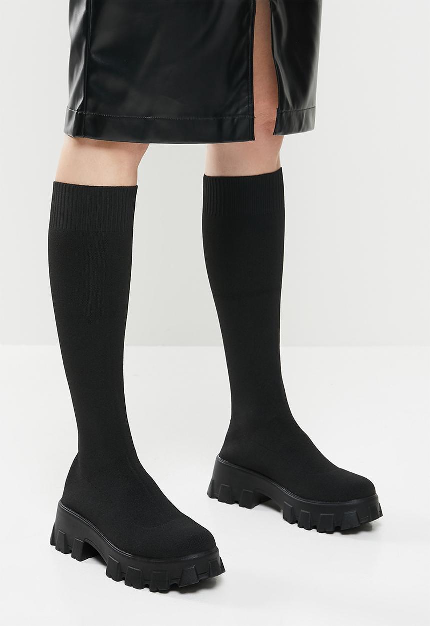 Public Desire - Future knit chunky sole knee high boots - black