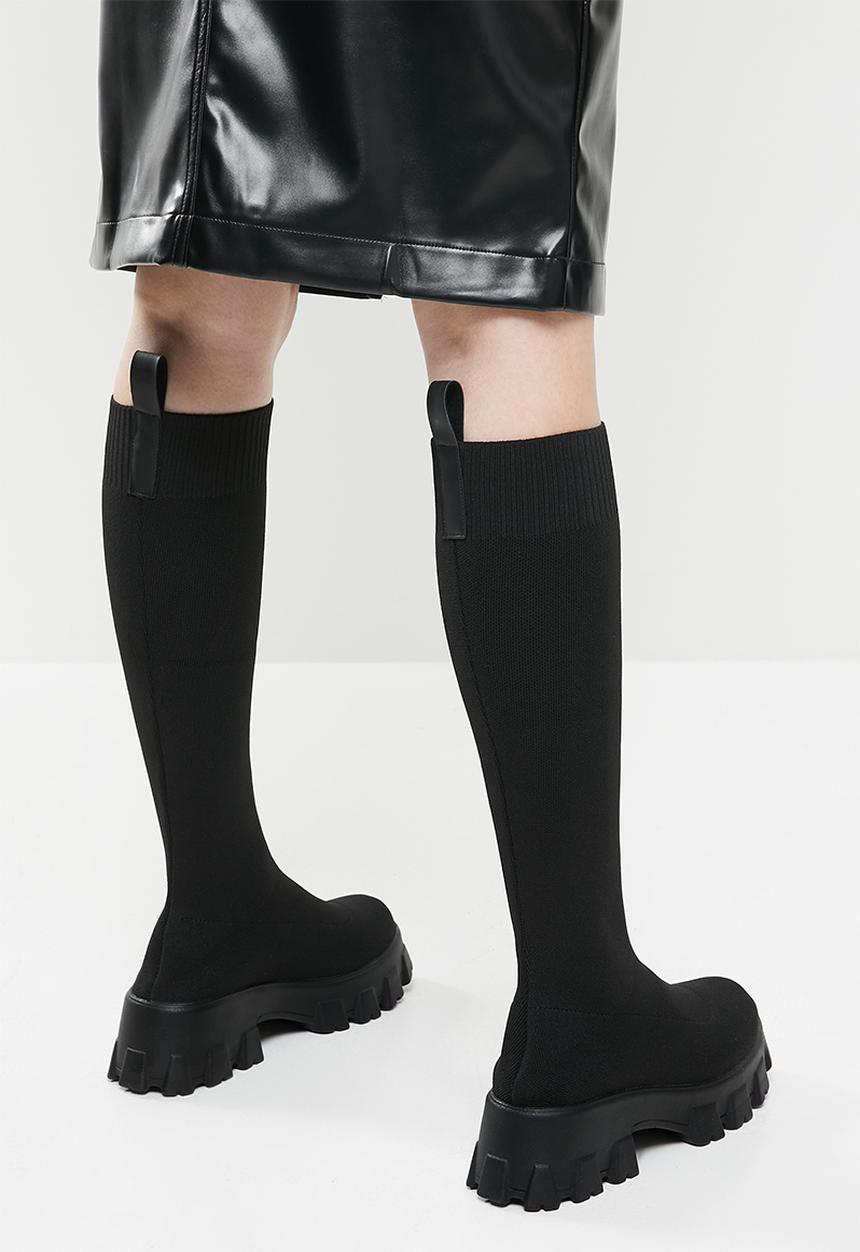 Public Desire - Future knit chunky sole knee high boots - black