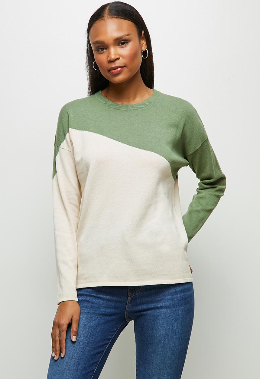 edit - Organic cotton colour block jumper - green & cream 