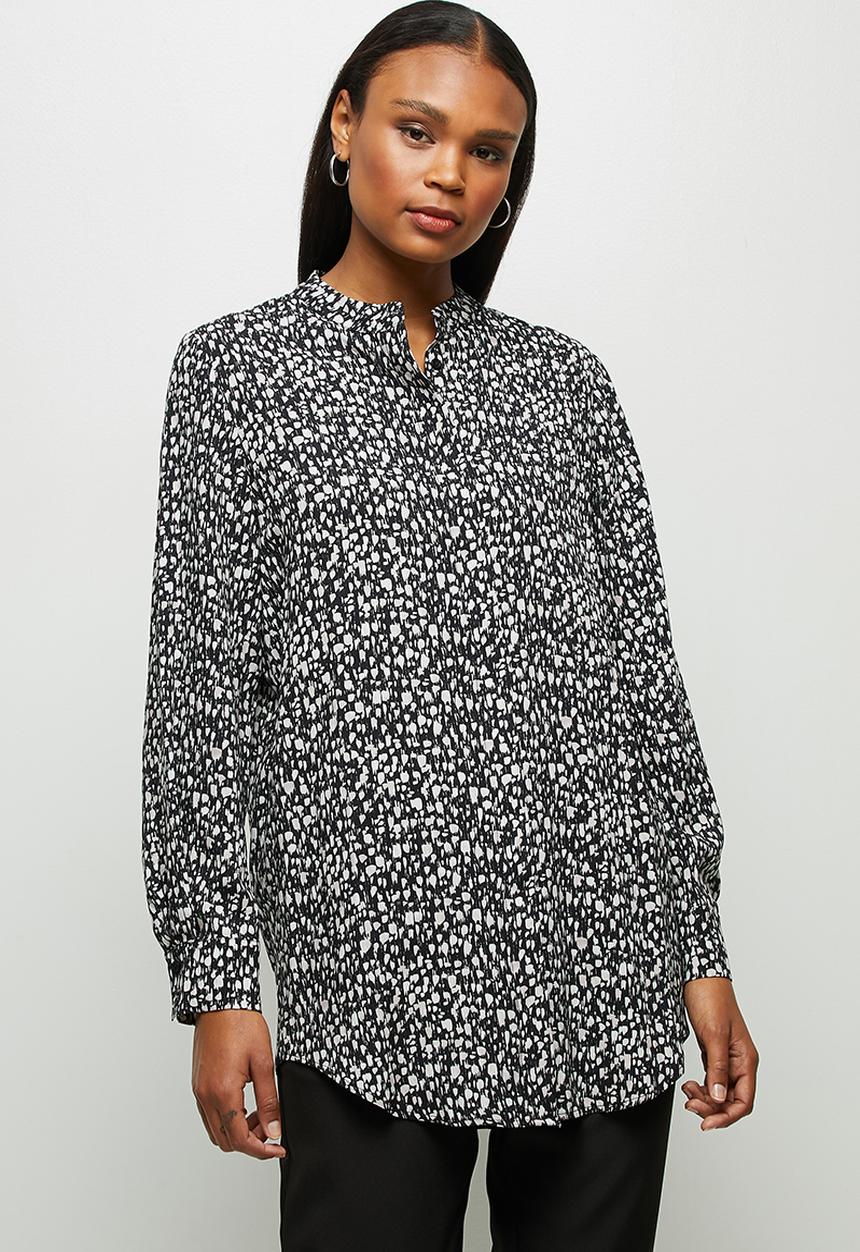 edit - Mandarin printed longline shirt - black & white