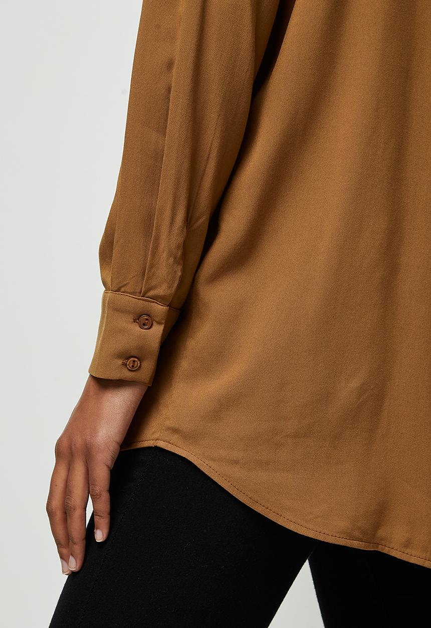 edit - Mandarin printed longline shirt - tan