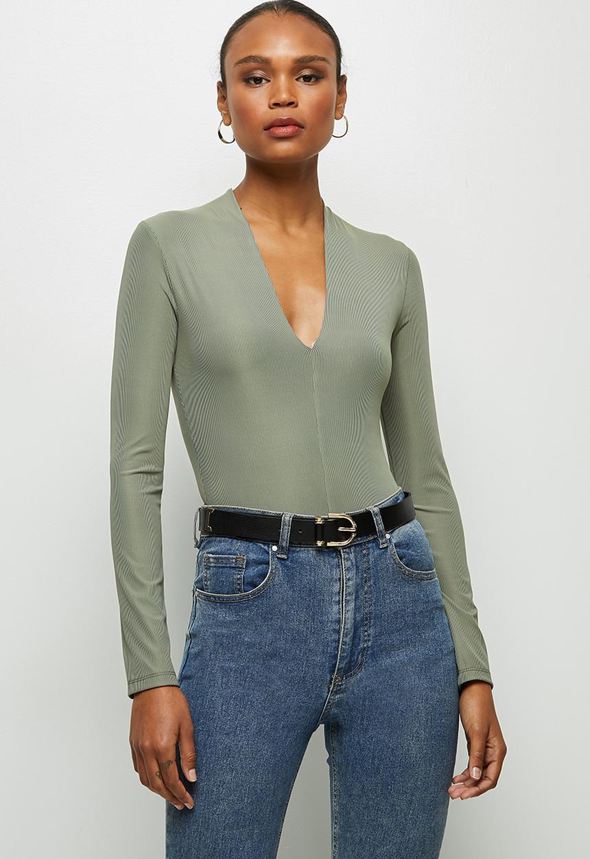MILLA - Ribbed V neck  bodysuit - sage