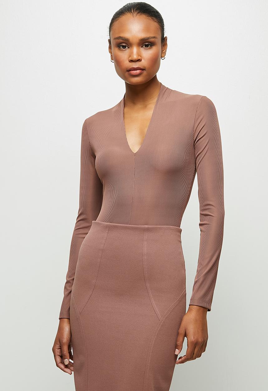 MILLA - Ribbed V neck bodysuit  - cognac