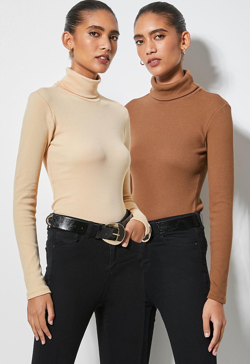 Superbalist - 2 Pack lycra rib poloneck tops - stone & tobacco