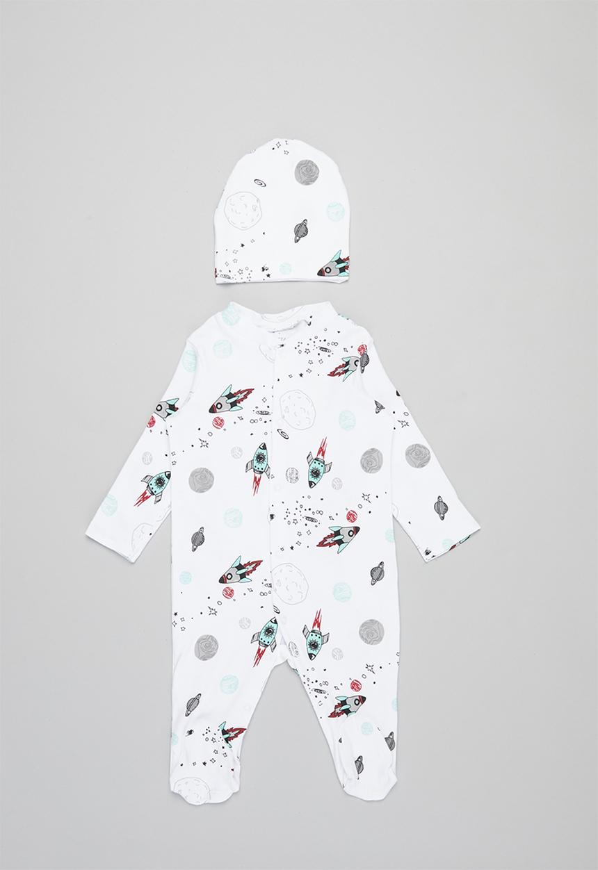 Baby Star - Space sleepsuit & beanie set - white