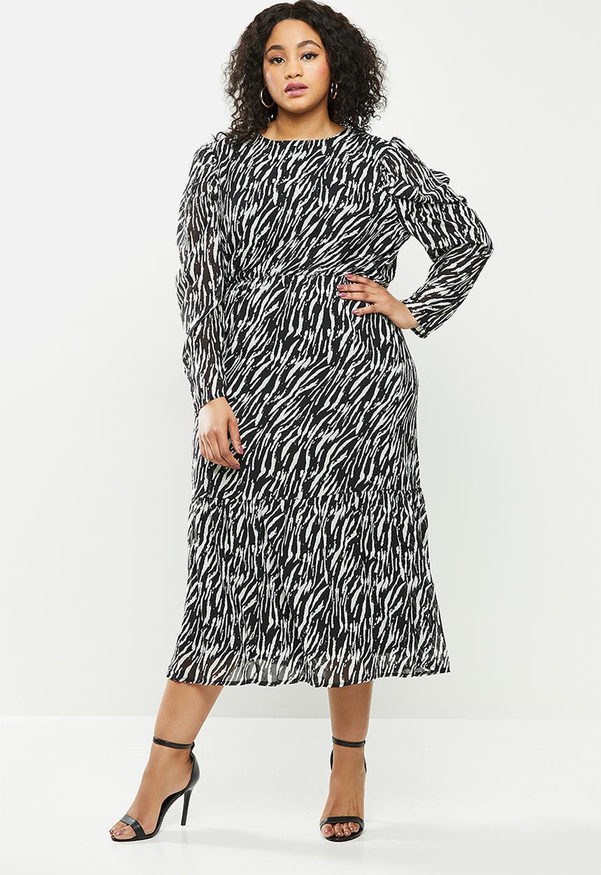 Missguided - Plus puff sleeve midi smock dress zebra - black & white 