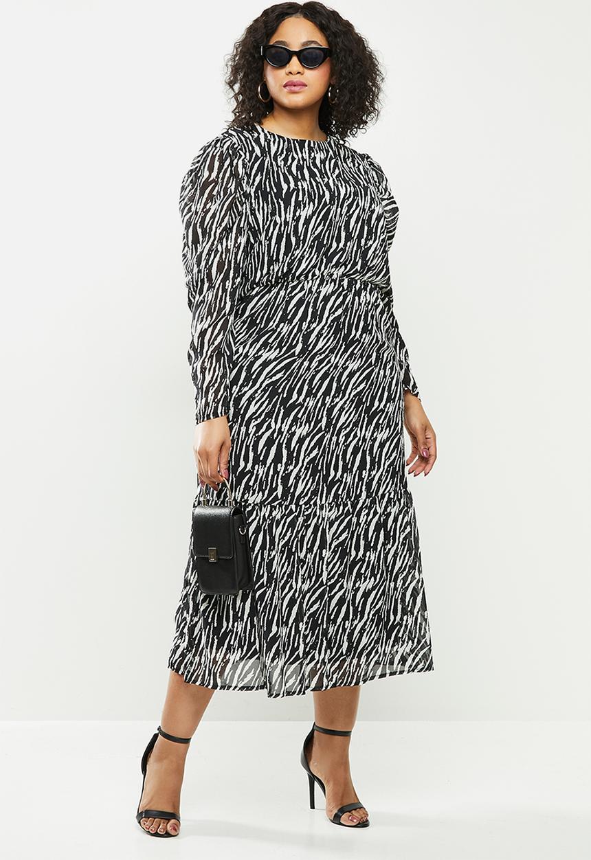 Missguided - Plus puff sleeve midi smock dress zebra - black & white 