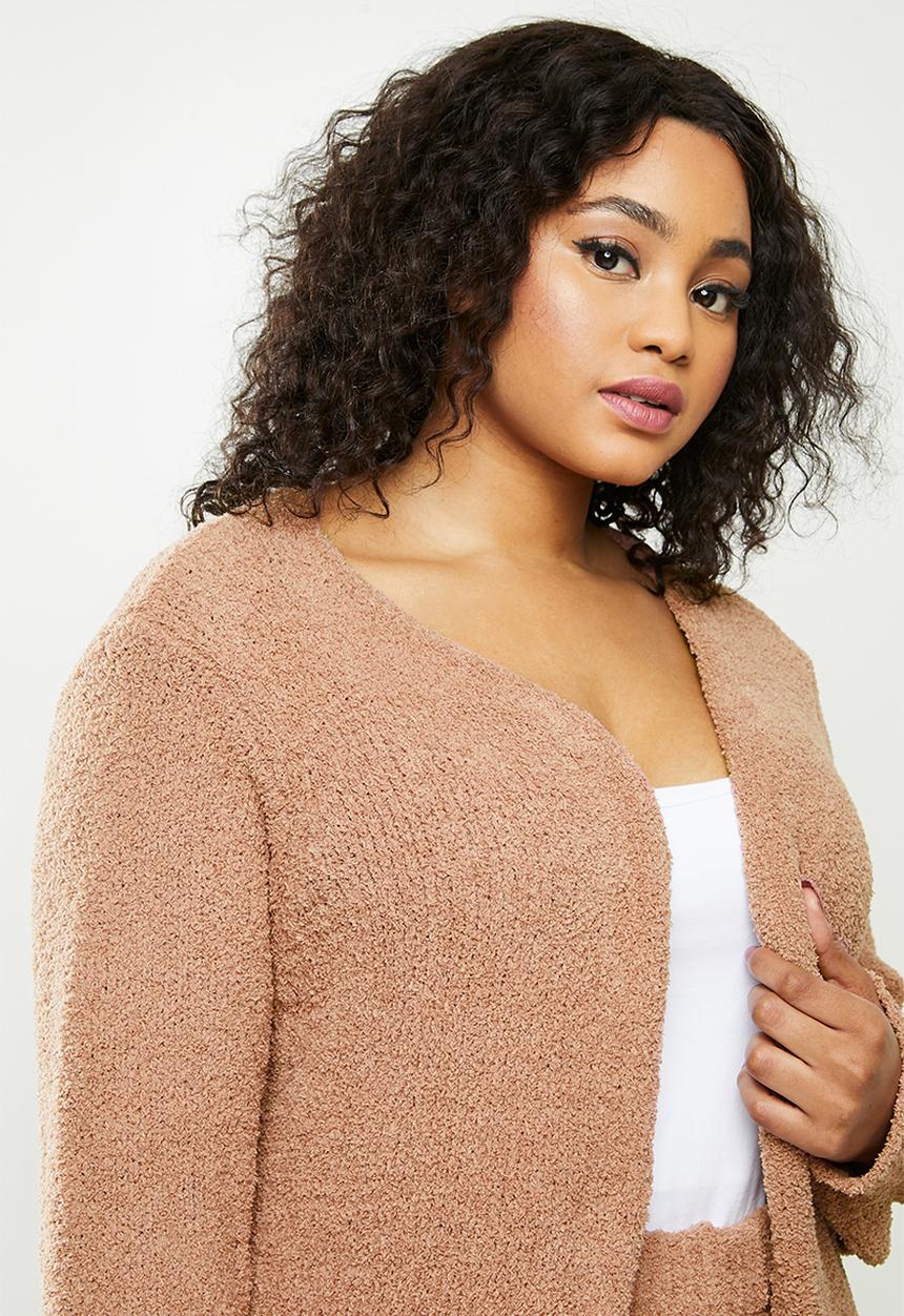 Missguided - Plus popcorn maxi cardigan co ord - brown 
