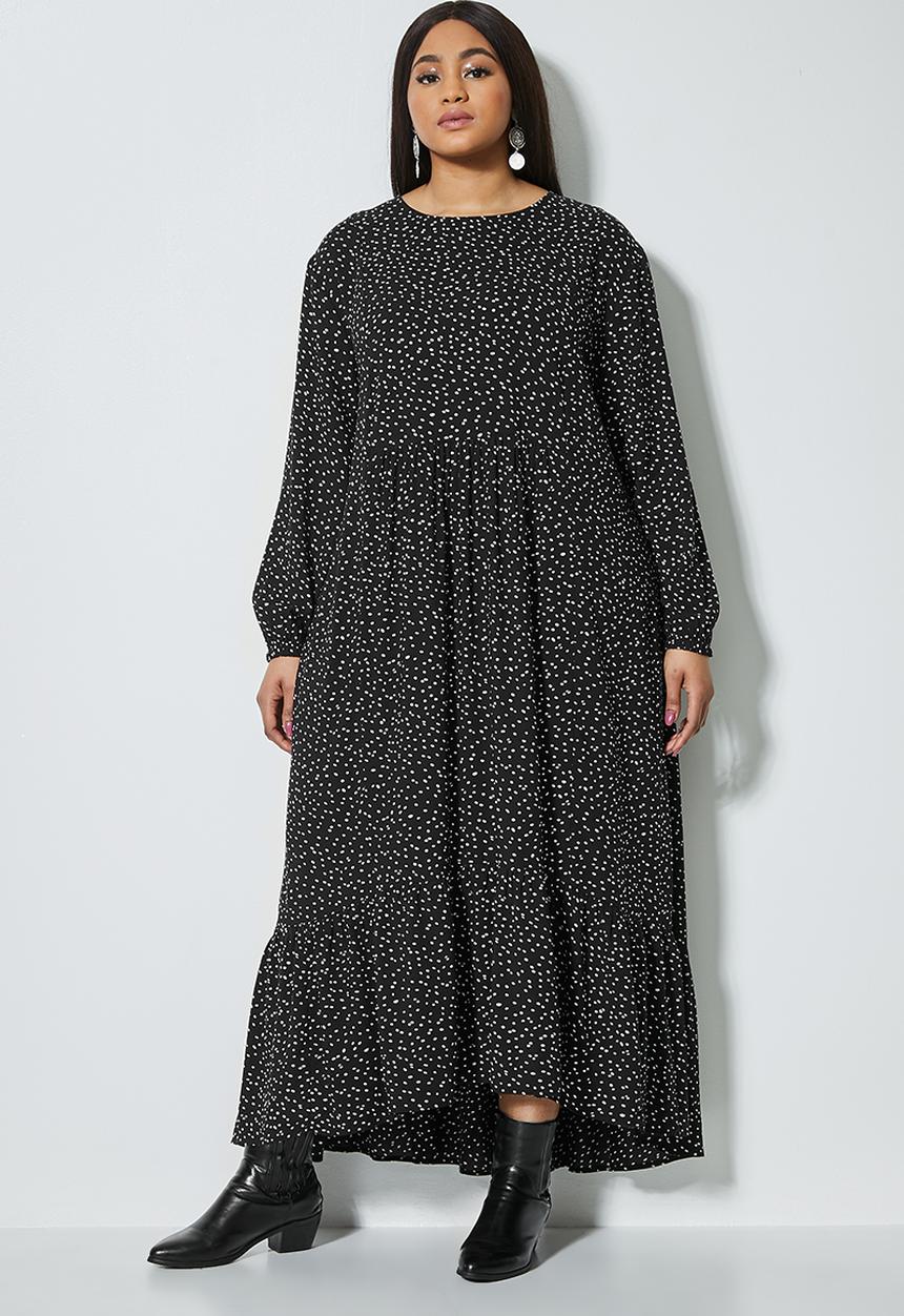 Superbalist - Long sleeve maxi tiered dress - black & white 