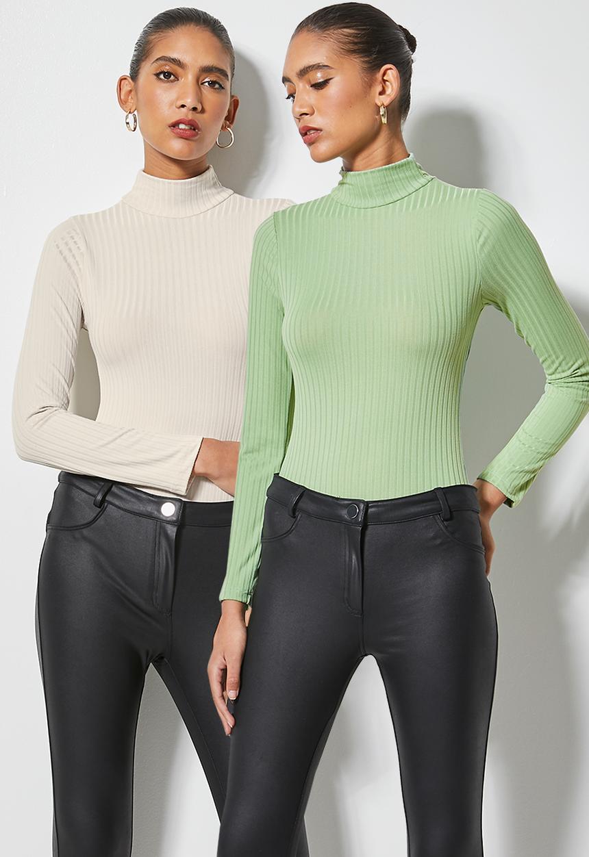 Superbalist - 2 Pack wide rib turtle neck bodysuit - beige & sage