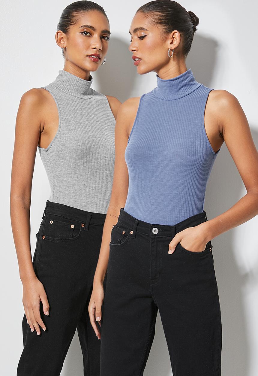 Superbalist - 2 Pack cotton rib poloneck bodysuit - grey & blue 