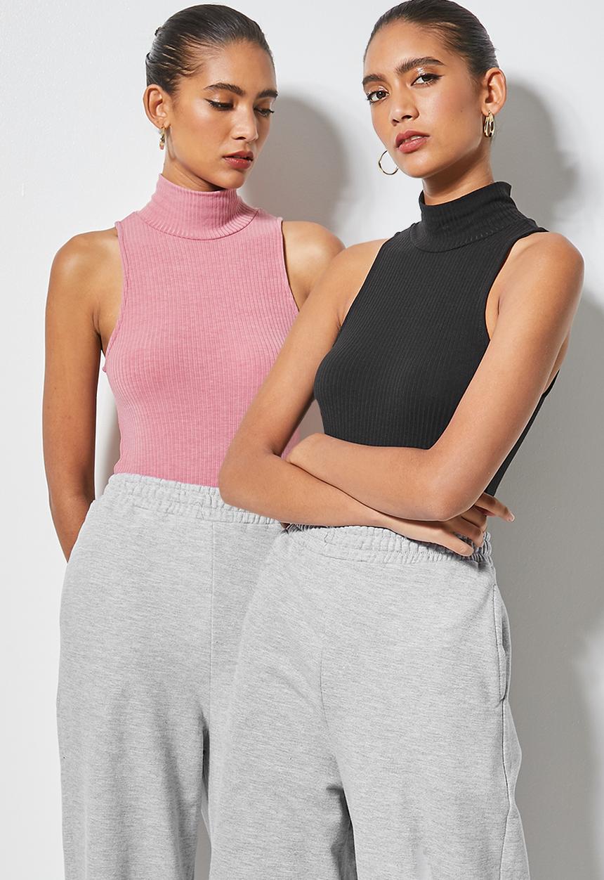 Superbalist - 2 Pack cotton rib poloneck bodysuit - black & blush pink