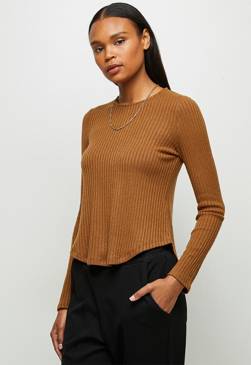 edit - Long sleeve crew neck longline tee - tobacco