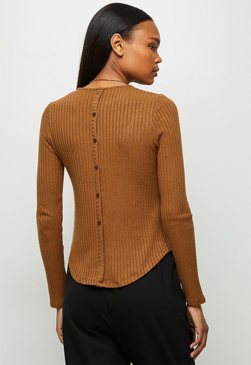 edit - Long sleeve crew neck longline tee - tobacco