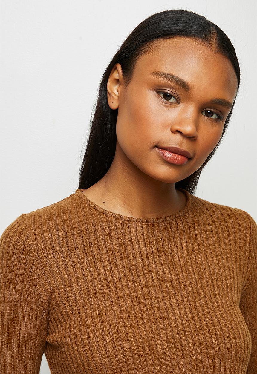 edit - Long sleeve crew neck longline tee - tobacco
