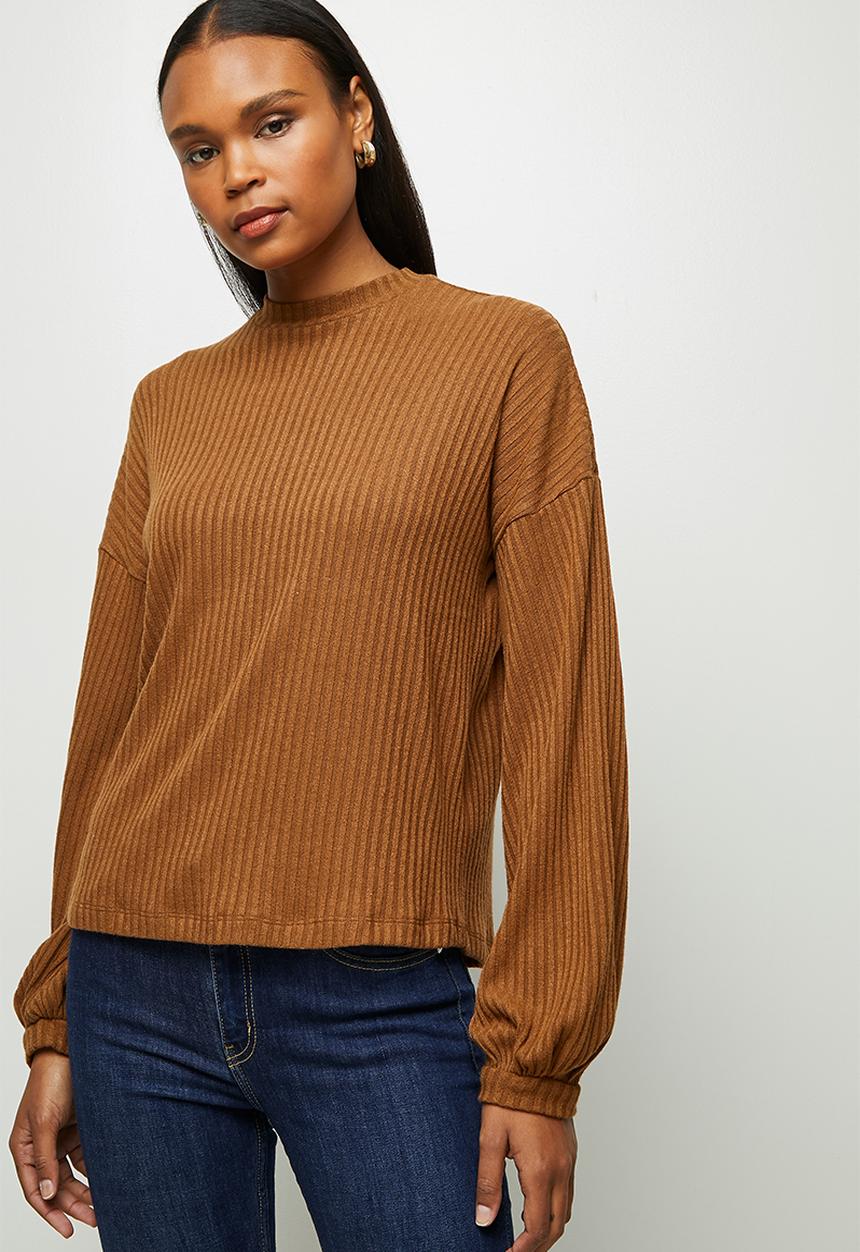 edit - Texture balloon drop shoulder top - tobacco