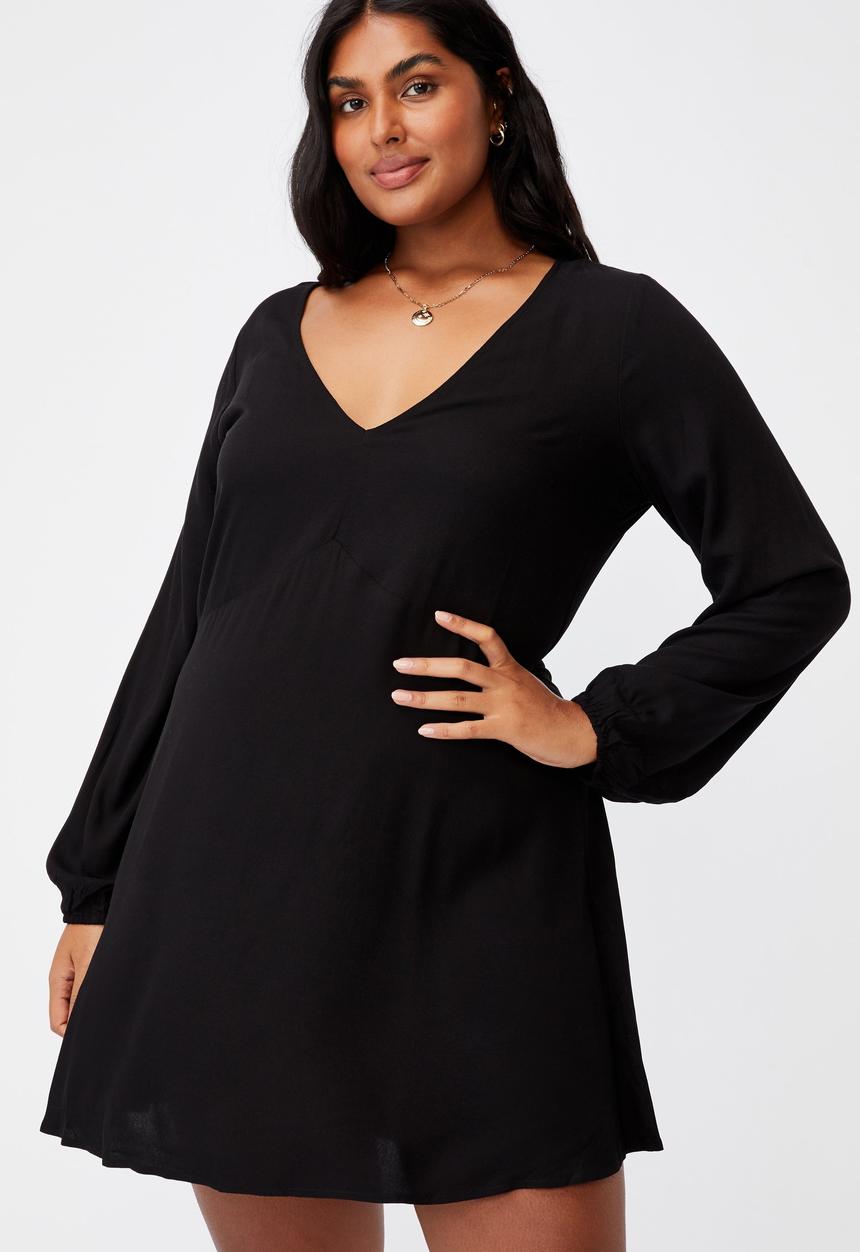 Cotton On - Curve ashley long sleeve mini dress - black