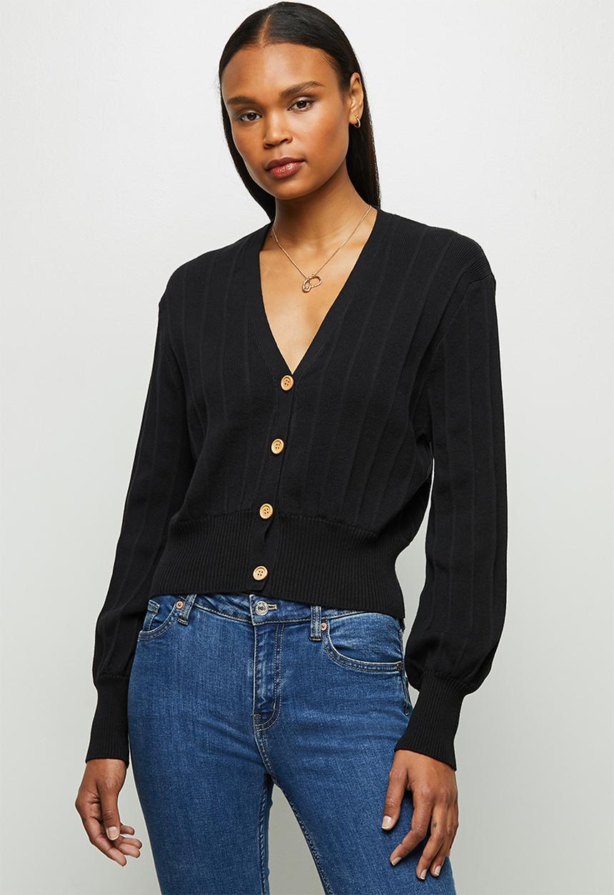 edit - Deep v-neck ribbed cardigan - black