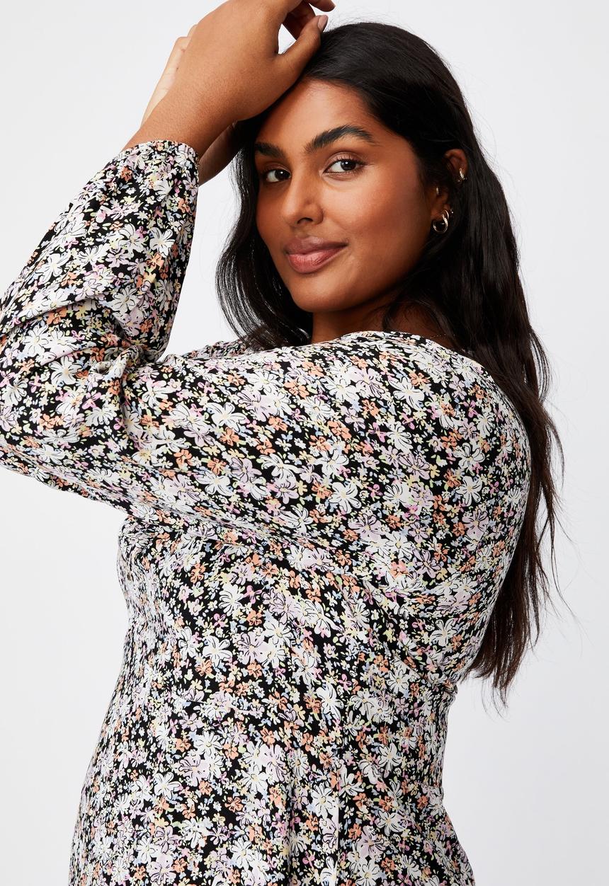 Cotton On - Curve ashley long sleeve mini dress - diane floral black