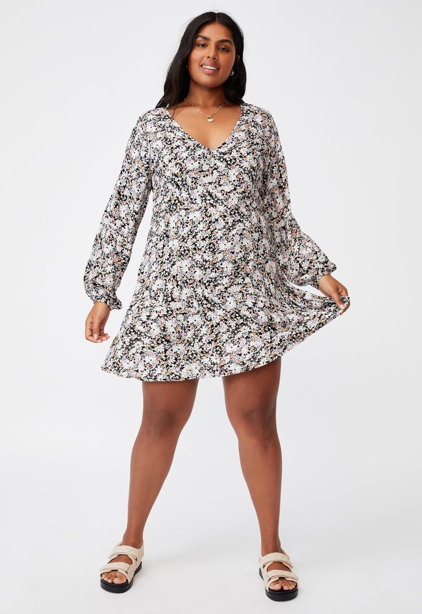 Cotton On - Curve ashley long sleeve mini dress - diane floral black
