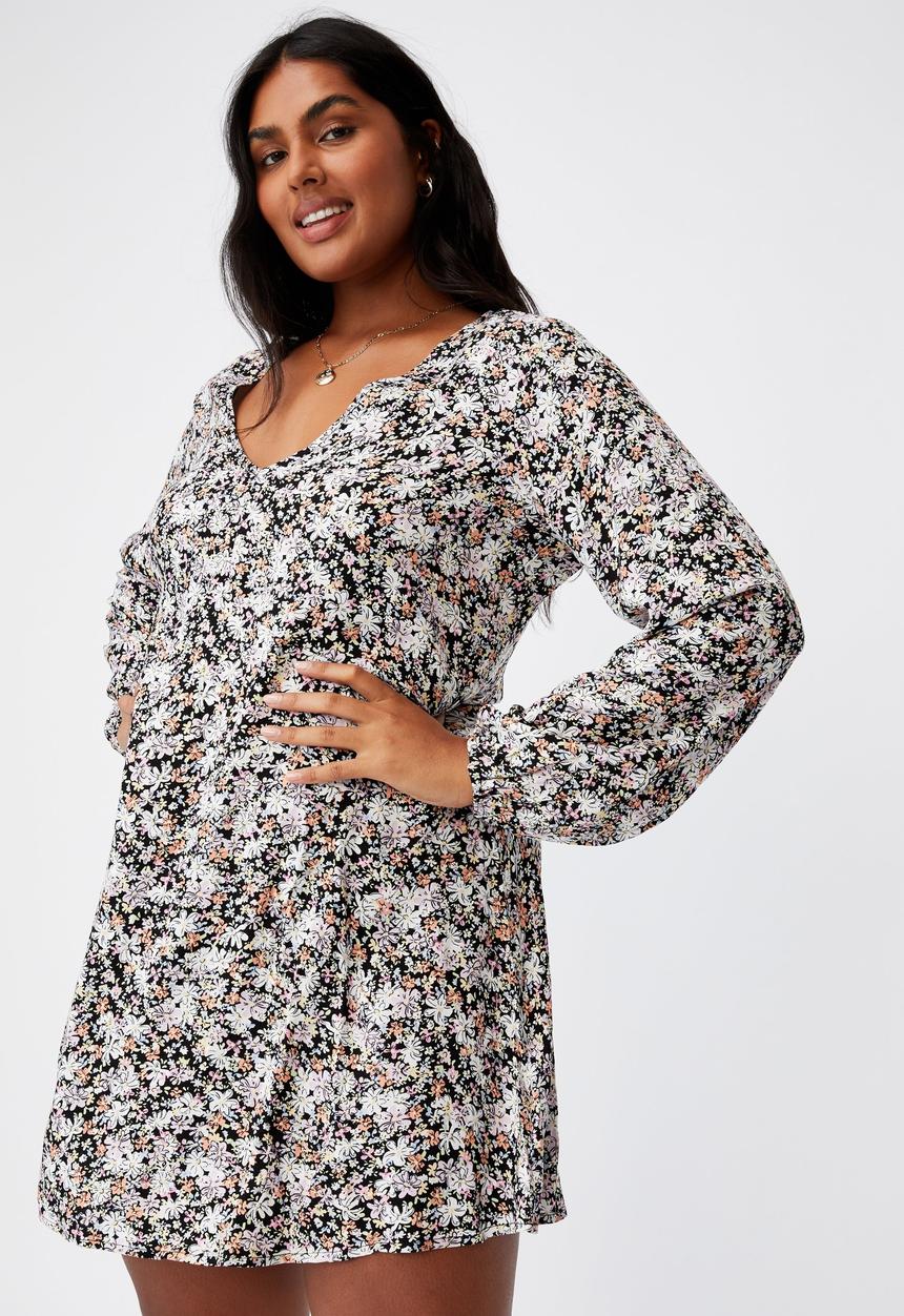Cotton On - Curve ashley long sleeve mini dress - diane floral black