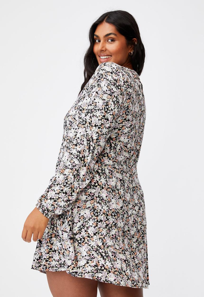 Cotton On - Curve ashley long sleeve mini dress - diane floral black