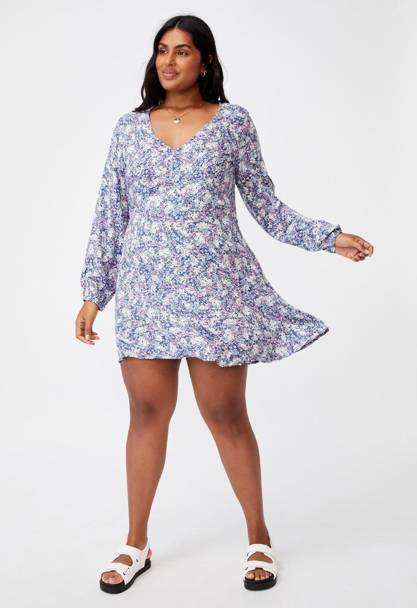 Cotton On - Curve ashley long sleeve mini dress - diane floral coastal blue