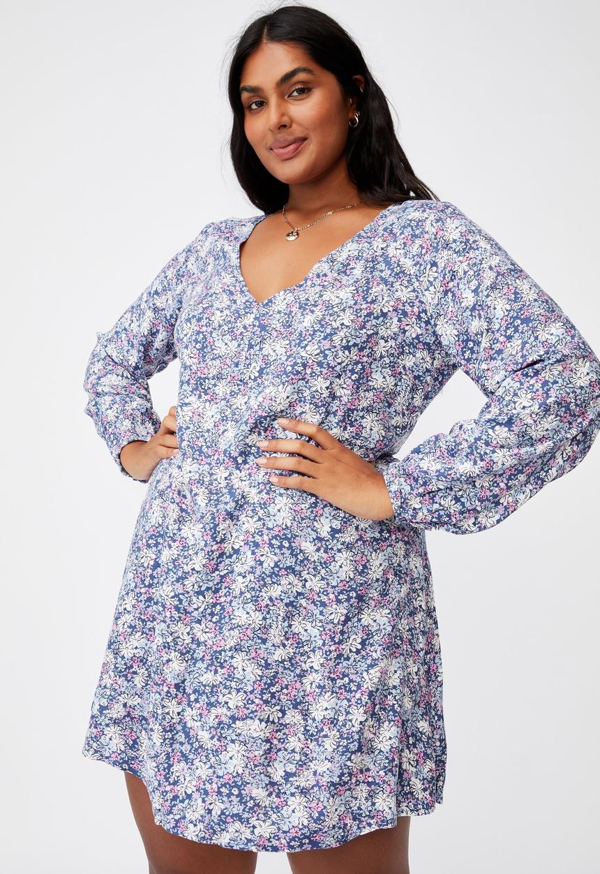 Cotton On - Curve ashley long sleeve mini dress - diane floral coastal blue