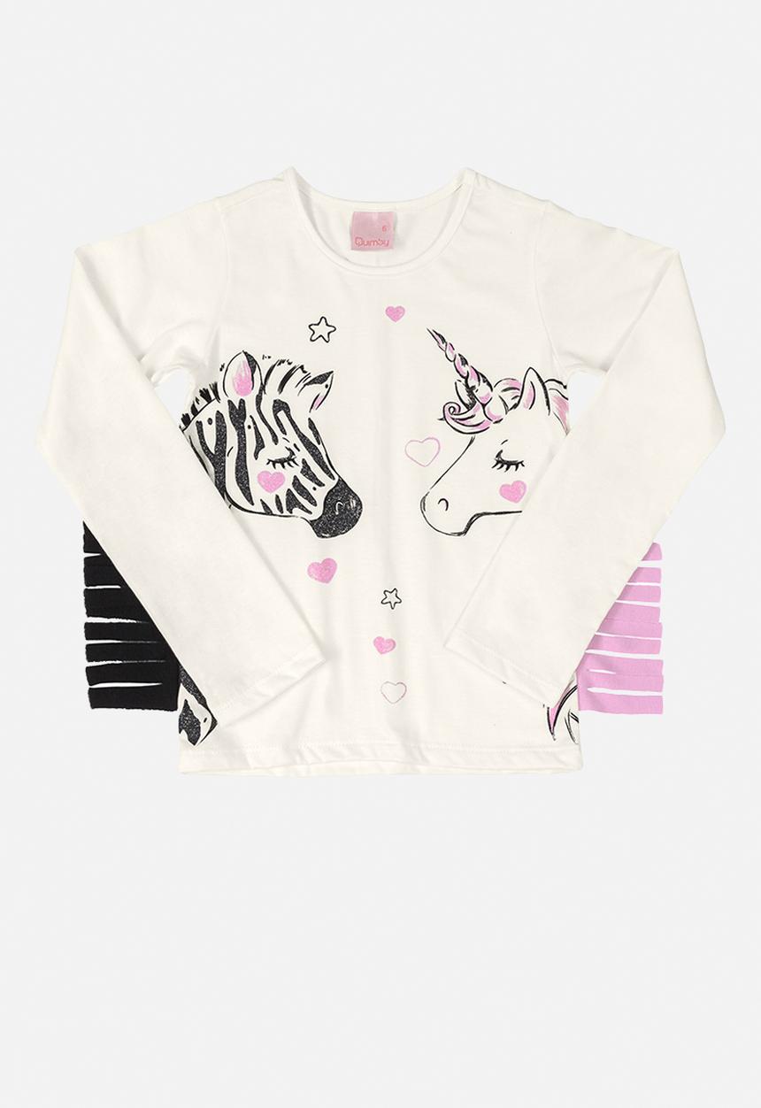 Quimby - Girls zebra & unicorn tee - off white