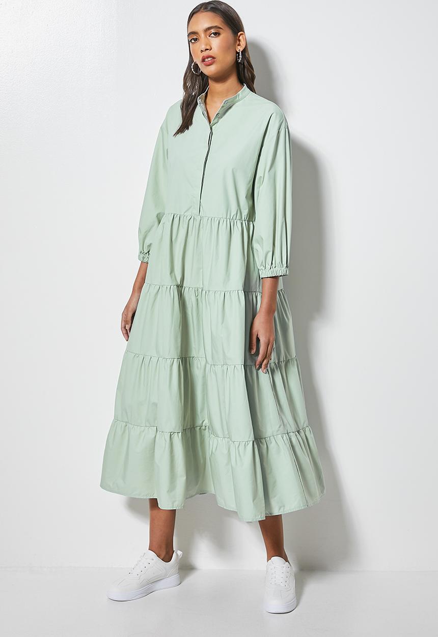 Superbalist - Poplin mandarin collar tiered dress - sage