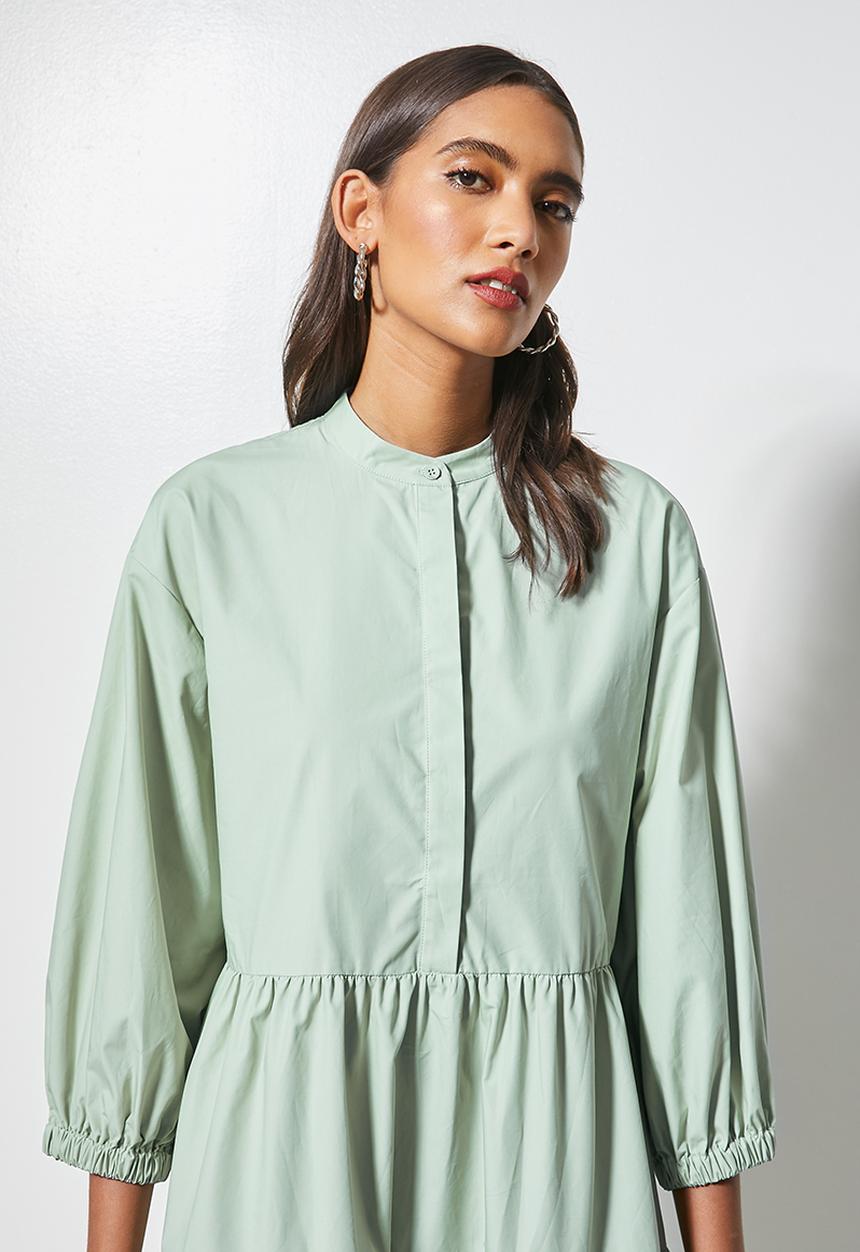 Superbalist - Poplin mandarin collar tiered dress - sage